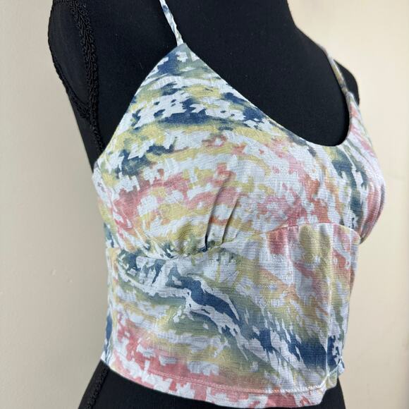 LIVOM Strappy Crop Cami Top Size M Stretch Pastel Y2K Artsy Watercolor Festival - Picture 3 of 6